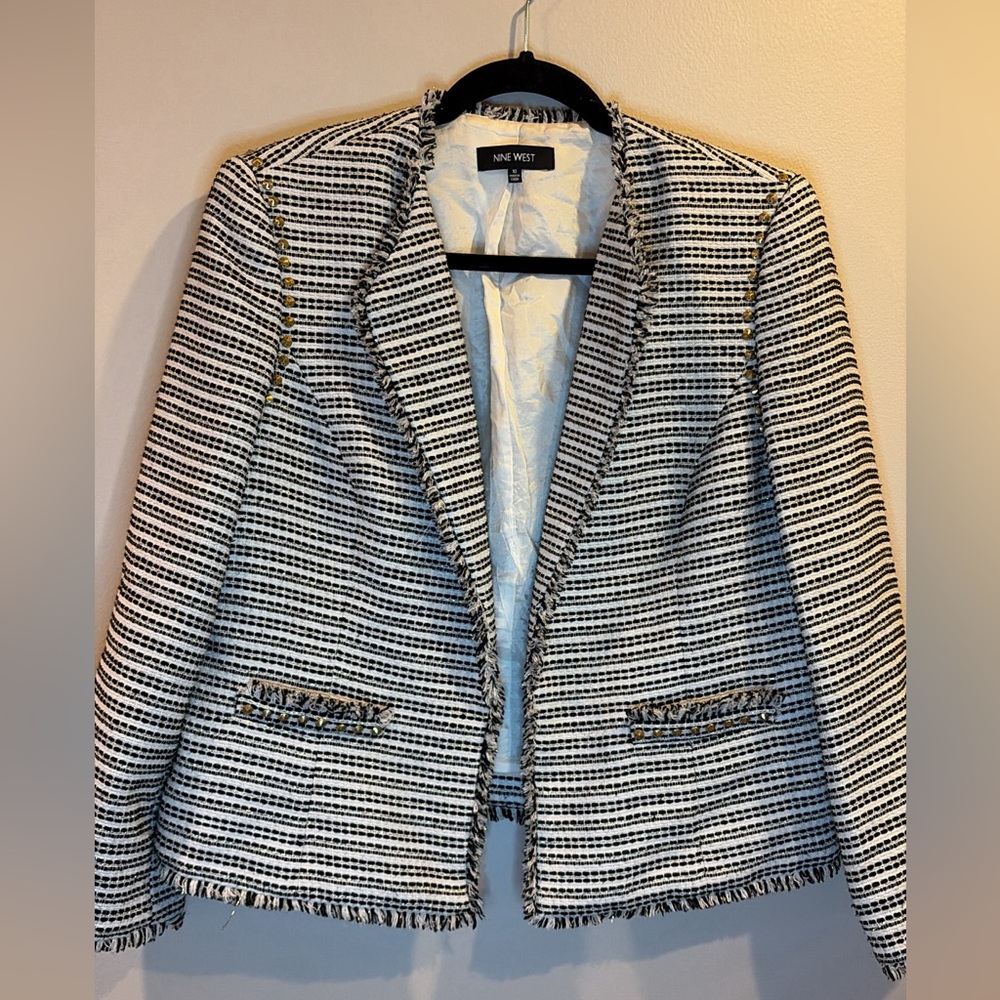 Nine West Black and White Tweed Frayed-Trim Blazer with Gold Buttons